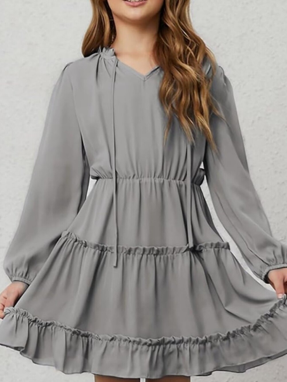 Tiered V-Neck Long-Sleeve Dress in Gray
